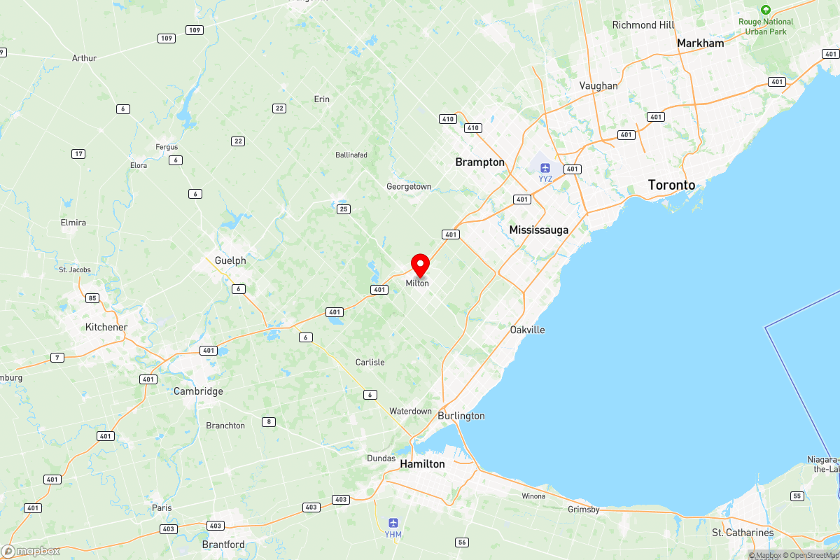 Service areas map showing Milton and nearby cities.
